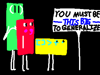 a drawing of three boxes with legs standing
              next to a sign reading 'you must be this big
              to generalize.' the first box is very tall,
               green, and has parentheses drawn on its body.
               the second box is just tall enough to meet
               the sign's requirement, red, and has a colon
               and semicolon drawn on its body. the third
               box is wider than it is tall, yellow, and has
               square brackets, a right angle bracket, a plus
               sign, and a period drawn on its body.